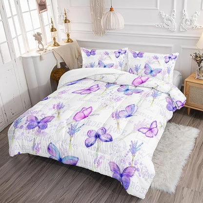 Butterfly Comforter Set Twin Size for Girls Kids Adults Lavender Flowers Pattern Bedding Set Aesthetics Butterflies Quilt Bed Set with 1 Comforter and 2 Pillowcases