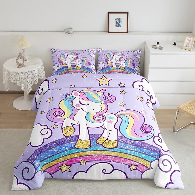 Feelyou Unicorn Bedding Toddle Bed Sets for Girls Light Purple Cute Unicorn Comforter for Girls Comforter Set Star Print Kawaii Duvet Quilt Bedroom Decor Rainbow Bedding Cartoon Quilt,All Season