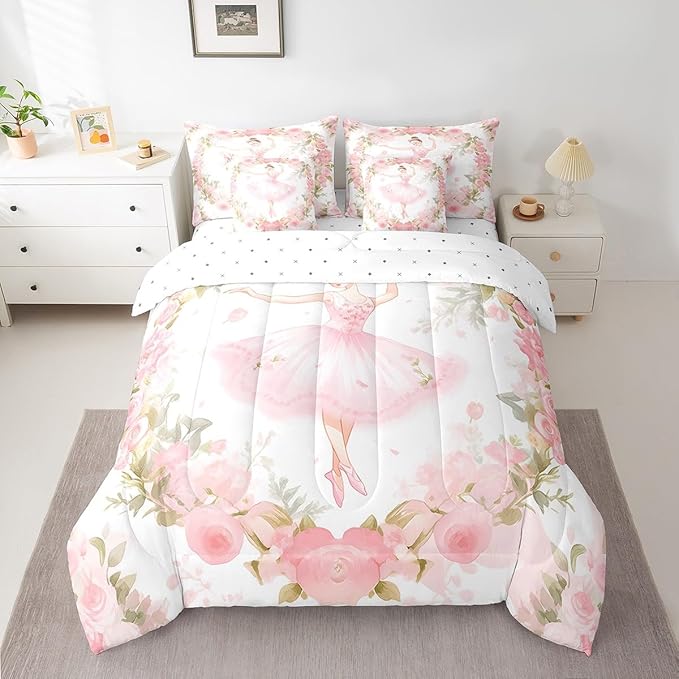 Feelyou Ballet 7 Piece Bedding Set - Full Size Cute Ballet Girls Comforter Set with Sheets for Kids, Teens, Toddler Dancing Girl Bed in a Bag - Pink Rose Bed Set