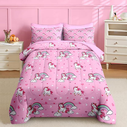 Nesker 7 Pcs Comforter Set Full Size, Cute Pink Unicorn Bedding for Kids Teen, Cartoon Rainbow with Fitted Sheet 2 Pillowcases & 2 Shams for Bedroom Bed Decor