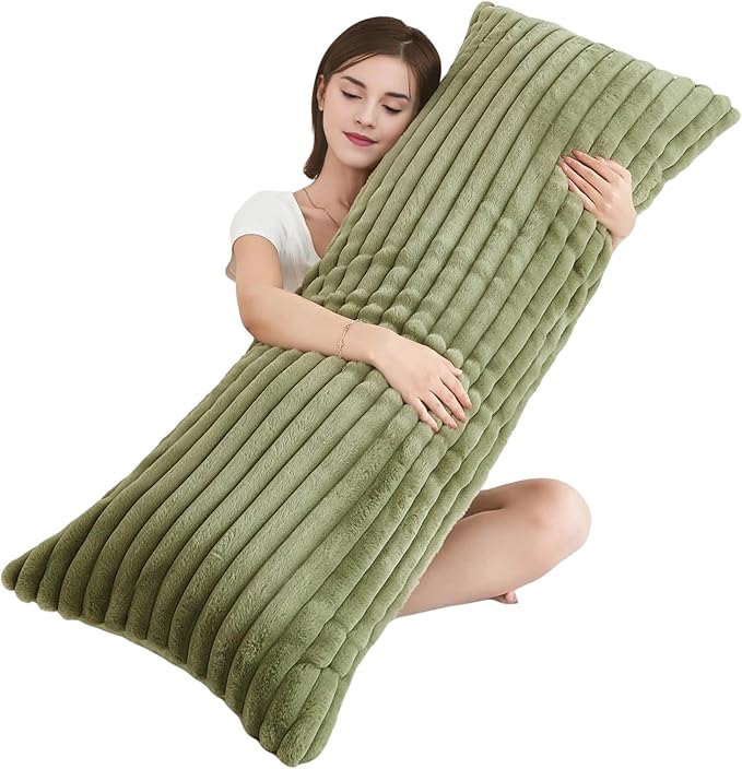Full Body Pillow with Fluffy Stripe Faux Fur Removable Cover, Long Bed Pillow Adult 20x54 Inches for Side Sleeper and Pregnancy, Sage.