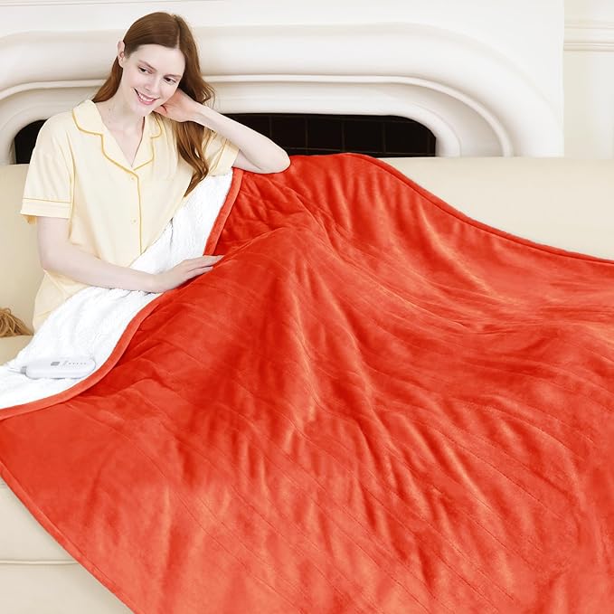 Heated Blanket Electric Throw 50" x 60" - Soft Flannel Sherpa Heated Blanket with 5 Heating Levels & 4 Hours Auto Off, Heating Blanket Throw as a Gift for Grandma, Machine Washable (Orange)