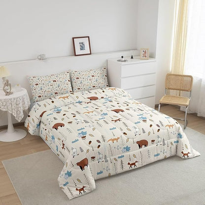 Kids Bear Fox Comforter Set Full Size Cartoon Rabbit Pine Trees Bedding Set 3Pcs,Girls Boys Teens Jungle Adventure Hunt Animals Quilt Set Room Decor Rustic Beige Duvet Insert,2 Pillowcases