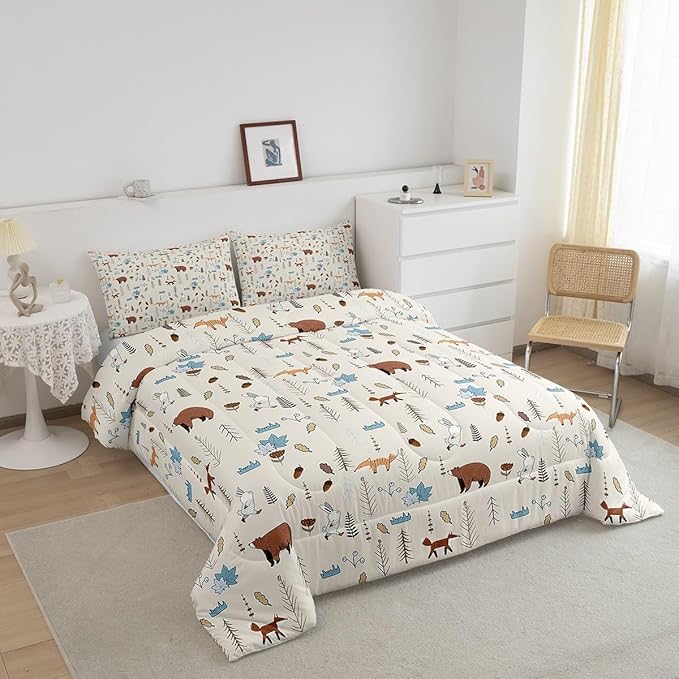Kids Bear Fox Comforter Set King Size Cartoon Rabbit Pine Trees Bedding Set 3Pcs,Girls Boys Teens Jungle Adventure Hunt Animals Quilt Set Room Decor Rustic Beige Duvet Insert,2 Pillowcases