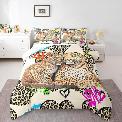 Leopard Comforter Set Full Size,Cheetah Family Quilt Set 3pcs for Kids Teens Girls Room Decor,Wild Animals Skin Bedding Set Fashion Watercolor Graffiti Heart Duvet Insert with 2 Pillowcases