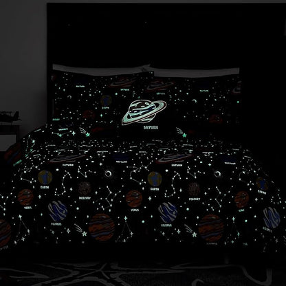 Twin Comforter Set for Boys-3 Pieces Space Glow in The Dark Twin Bedding Sets for Kids,1 Comforter,1 Sham and 1 Decor Pillow