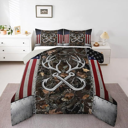 Deer Antler Fishing Comforter Set Twin Size,Boys Vintage American Flag Bedding Set for Kids Teens Men Room Decor Brown Jungle Branches Camo Quilted Duvet Adventure Hunting Duvet Insert 2pcs