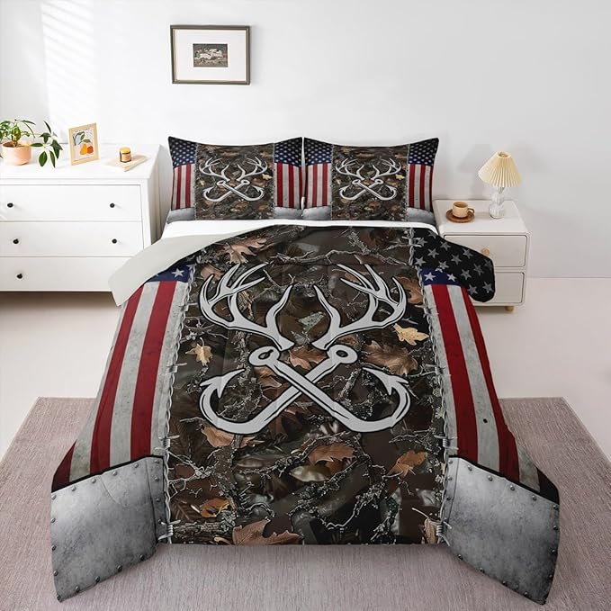 Deer Antler Fishing Comforter Set Full Size,Boys Vintage American Flag Bedding Set for Kids Teens Men Room Decor Brown Jungle Branches Camo Quilted Duvet Adventure Hunting Duvet Insert 3Pcs