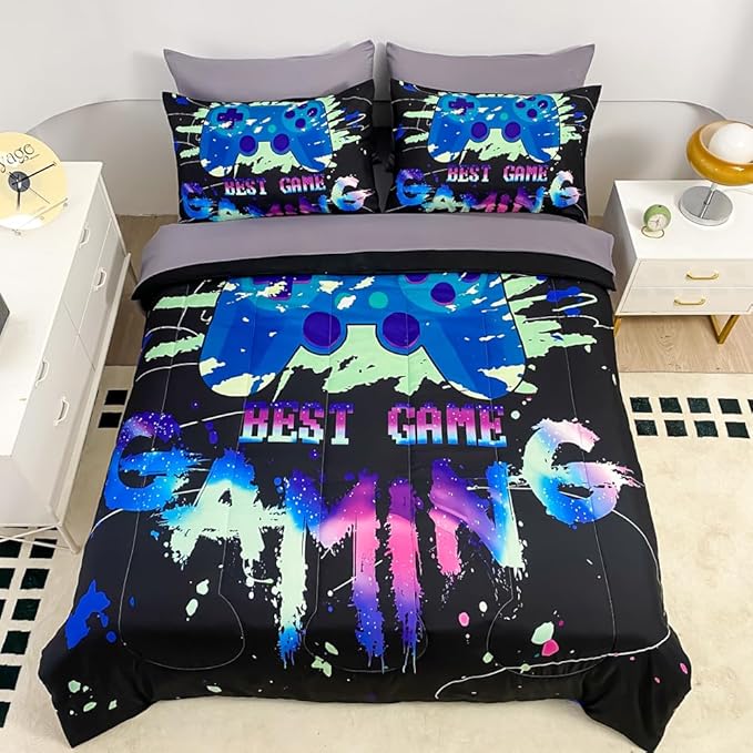 Wajade Gaming Comforter Set Twin Size Bed in a Bag for Boys and Girls, 7 Pieces Kids 3D Video Game Controller Printed Bedding Set Includes Comforter, Flat Sheet, Fitted Sheet, Two Pillowcases & Shams