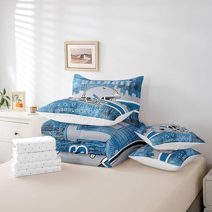 Erosebridal Classic Football Bedding Set Queen Football Bed in A Bag for Boys Men Women Sports Helmet Bed Set Rugby Sports Decor Comforter Sets with Sheets 7 Pieces