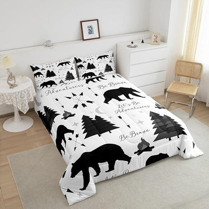 Camping Adventure Bear Comforter Set Full Size,Hunt Animals Bedding Set for Kids Boys Men Adult Cabin Room Decor,Cartoon Pine Campfire Arrow Star Moon Quilt Set Black White Duvet Insert 3Pcs