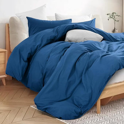 NEXHOME PRO Duvet Cover Set 100% Washed Cotton Oversized King 120"x98" Linen Feel Textured Organic 3 Pieces Bedding Set with Zipper Closure and Corner Ties, Breathable (Navy Blue, No Comforter)