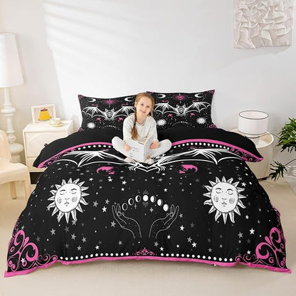 Bat Duvet Cover Set Twin Size Sun Moon Starry Galaxy Bedding Set Gothic Style Wild Animals Comforter Cover for Kids Boys Girls Teens Bedroom Decor Pink Floral Exotic Black White Quilt Cover 2Pcs