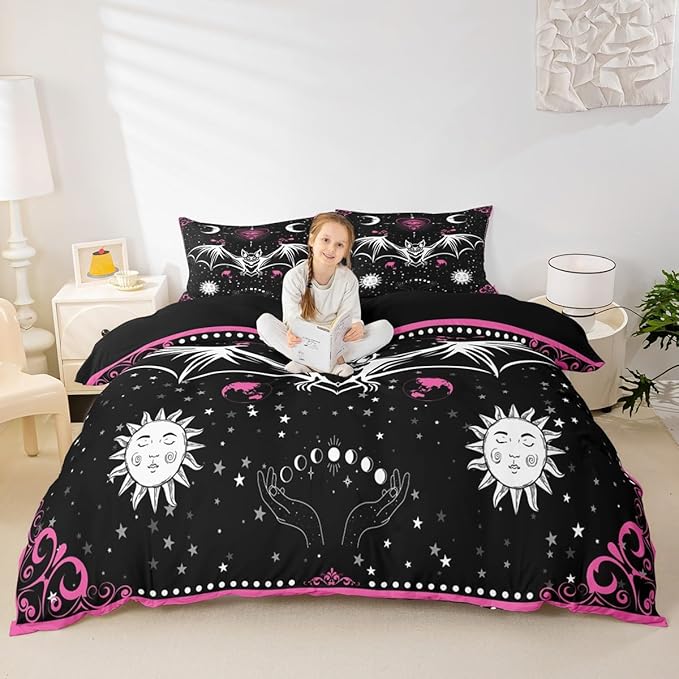 Bat Duvet Cover Set King Size Sun Moon Starry Galaxy Bedding Set Gothic Style Wild Animals Comforter Cover for Kids Boys Girls Teens Bedroom Decor Pink Floral Exotic Black White Quilt Cover 3Pcs