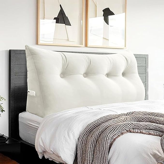 Headboard Wedge Pillow Large Reading Pillow Full Size Bed Rest Back Support Pillow for Sitting up in Bed Daybed Couch Backrest Cushion Velvet Off-White