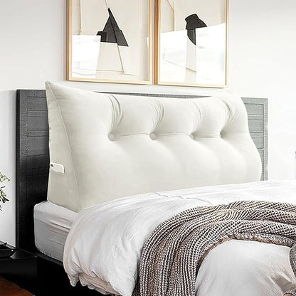 Headboard Wedge Pillow Large Reading Pillow Full Size Bed Rest Back Support Pillow for Sitting up in Bed Daybed Couch Backrest Cushion Velvet Off-White