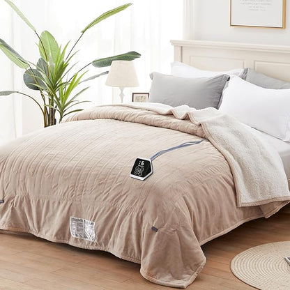 Westinghouse Full Size Heated Blanket, Soft Flannel & Sherpa, 10 Heating Levels, Auto Shut Off, Machine Washable, Beige, 72x84 Inch