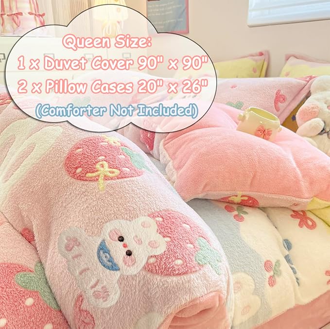 Pink Duvet Cover Queen, Bunny Cake Kawaii Bedding Sets, Ultra Soft Cute Fluffy Comforter Covers Set for Girls Kids Women Teen(Cake, Queen)