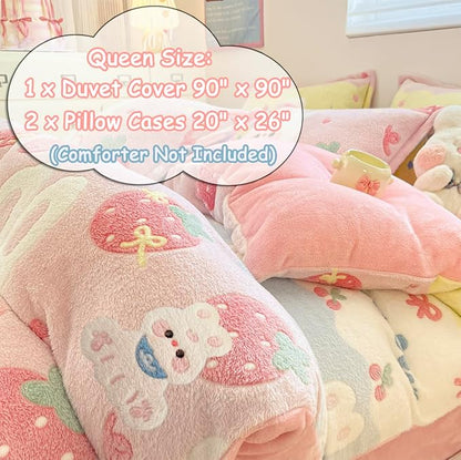 Pink Duvet Cover Queen, Bunny Cake Kawaii Bedding Sets, Ultra Soft Cute Fluffy Comforter Covers Set for Girls Kids Women Teen(Cake, Queen)