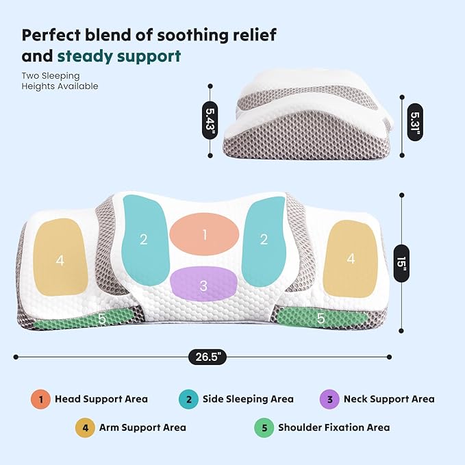Smug Cervical Neck Pillow for Sleeping, Cooling Ergonomic Memory Foam Pillow with Arm Rest Slot and Ice Silk Pillowcase, Dual Height Orthopedic Support Contour for Side, Back, Stomach Sleepers