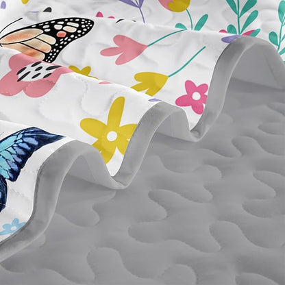 QOOMO Floral Butterfly Quilt Set Twin Size,Butterflies Bedspread Coverlet Set,Flower 3Pcs Bedding Set Printed Quilt with 2 Pillowcases,Soft and Lightweight,for All Seasons