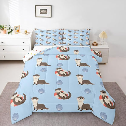 Cute Otter Kids Toddler Comforter Set 2 Pcs,Cartoon Blue Shell Summer Ocean Theme Bedding Sets for Boys Girls Teens,Lovely Wild Animals Hippie Quilted Comforter with 1 Pillowcase