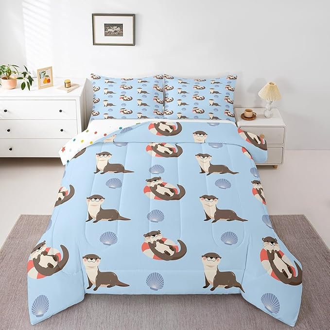 Cute Otter Kids Comforter Set Full Size 3 Pcs,Cartoon Blue Shell Summer Ocean Theme Bedding Set for Boys Girls Teens,Lovely Wild Animals Hippie Comforter Duvet Set with 2 Pillowcases