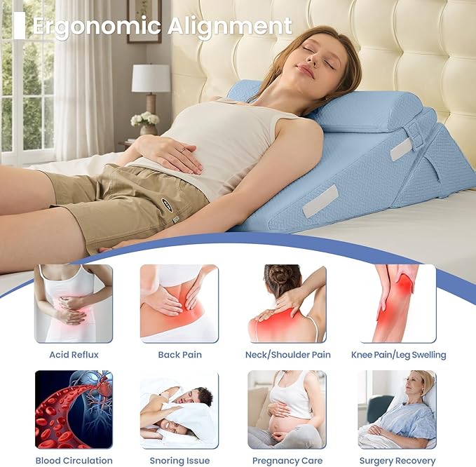 Sasttie Wedge Pillow Set for After Surgery, 2PCS Adjustable Bed Wedge Pillow Headboard with Memory Foam Neck Cushion – for Acid Reflux, Sleeping, Neck & Back Support, Blue