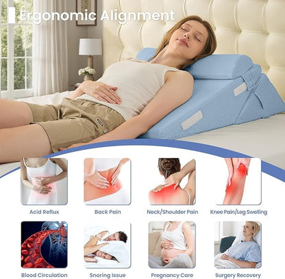Sasttie Wedge Pillow Set for After Surgery, 2PCS Adjustable Bed Wedge Pillow Headboard with Memory Foam Neck Cushion – for Acid Reflux, Sleeping, Neck & Back Support, Blue
