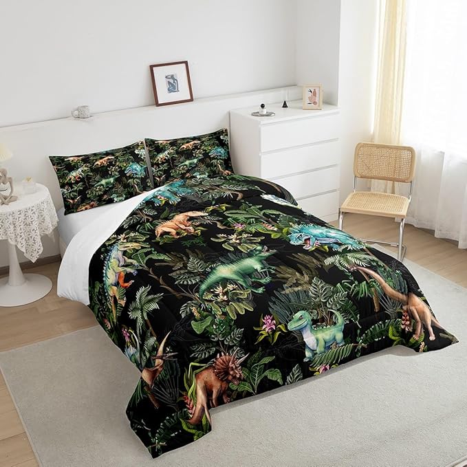 Castle Fairy Watercolor Dinosaur Full Size Comforter Set,Cartoon Dino Animal Oil Painting Style Bedding Comforters Bedroom Collection,Green Leaves Tropical Natural Plants Bedding Set for Girls Teens