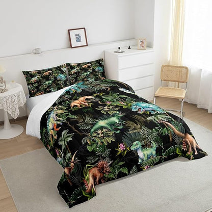 Watercolor Dinosaur Comforter Set Queen Size,Cartoon Dino Animal Oil Painting Style Bedding Set for Women Adult,Green Leaves Tropical Natural Plants Luxury Bed Duvet Insert, 2 Pillowcases