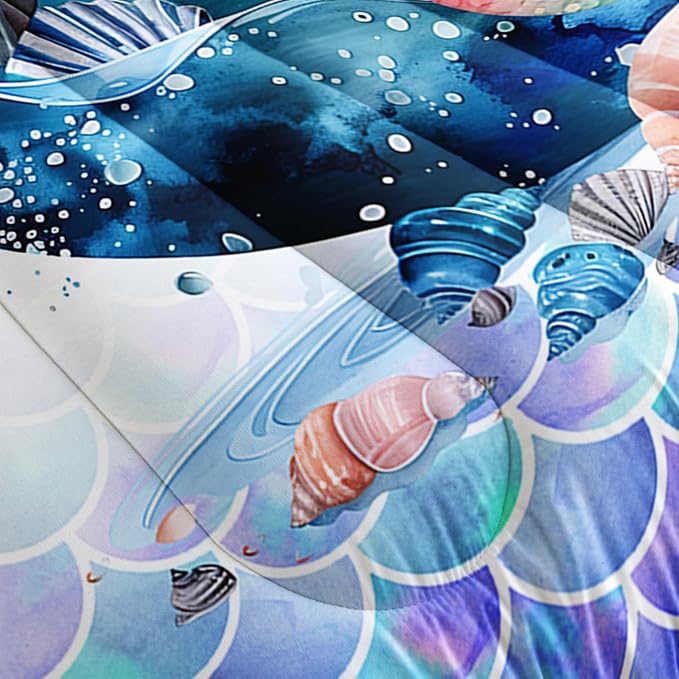 Mermaid Comforter Set Twin Size, Cute Mermaid Conch Sea Shell Bedding Set with Fish Scale Design for Kids Girl, Ocean Theme Duvet Set with 2 Pillowcases