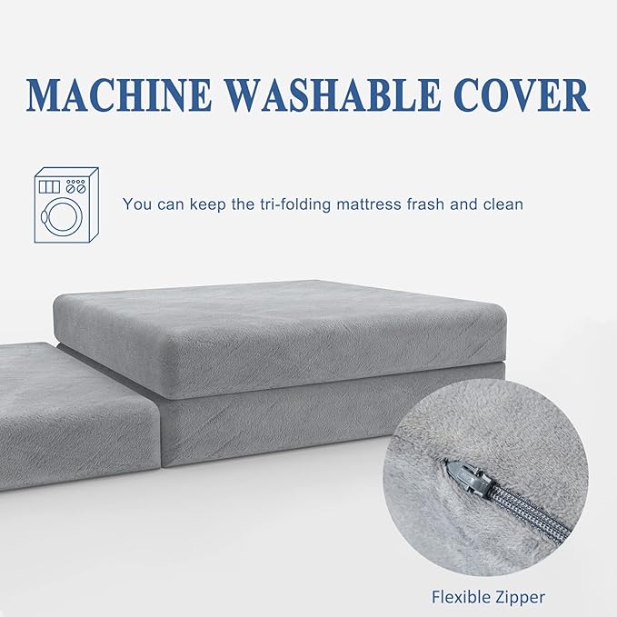 SINWEEK Tri-Folding Mattress with Storage Bag - 4" Foldable Foam Topper Cot Mattress, Guest Bed with Machine Washable Cover & Waterproof Lining, CertiPUR-US Certified (58 x 78 Inch)
