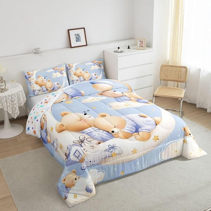 Sleeping Animal Bear Comforter Set Full Size for Kids Cartoon Childlike Style Bedding Sets All Season Star Moon Clouds Quilt Set Bedroom Decor Watercolor Balloons Down Comforter,3Pcs