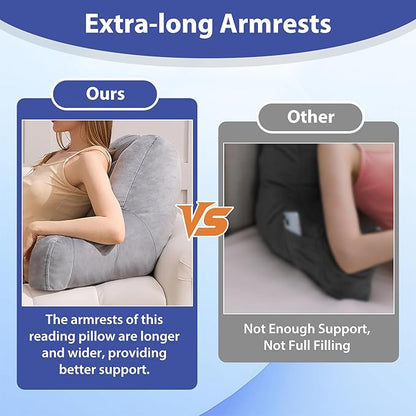 Reading Pillows for Sitting in Bed Adult, Back Pillow for Bed Sitting Up, Backrest Pillows with Shredded Foam for Adult&Teens, Support Pillow with Arms for Beds, Couch, Floor, 24in, Grey