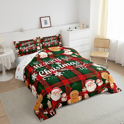 Christmas Comforter Set Queen,Cartoon Santa Claus Snowman Bedding Set for Adult,Red Green Grid Checkered Duvet Insert,Snowman Snowflake Bells Quilt Comforter with 2 Pillow Shams Bedroom Decor