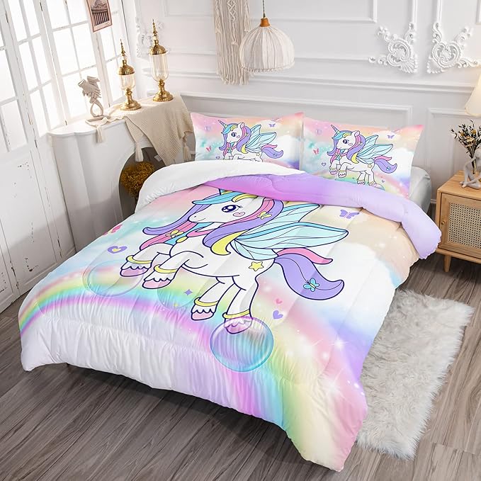 Unicorn Comforter Set for Girls Butterfly Bedding Set Rainbow Quilt Set Full with 1 Comforter and 2 Pillowcases