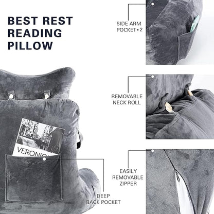 SLIGUY Reading Pillow-Bed Rest Pillow with Detachable Neck Roll & Support Arm for Sitting in Bed Couch or Floor-Backrest Reading Pillow Adult Back Pillow for Reading/Watching TV/Gaming,Dark Grey