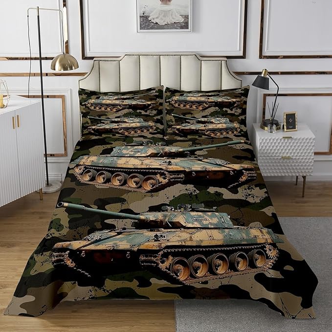 Erosebridal Boys Car Bedspread Camouflage Tank Cannon Quilted for Kids Children Military Vehicle Coverlet Set Retro Camo Vintage Style Bedspread Quilt Set 3Pcs with 2 Pillow Case Queen Size