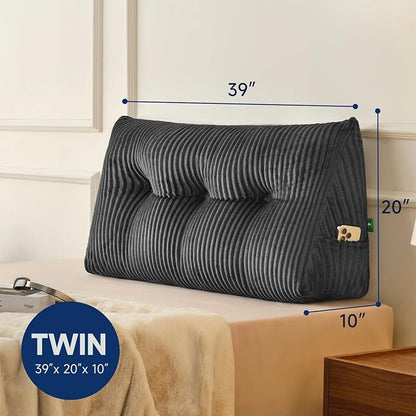 Z-hom Twin Headboard Pillow, Triangular Wedge Reading Pillow for Bed or Sofa, Ergonomic Backrest Cushion for Sitting Up, Reading or Relaxing, with Side Pocket，Removable Washable Cover,Grey