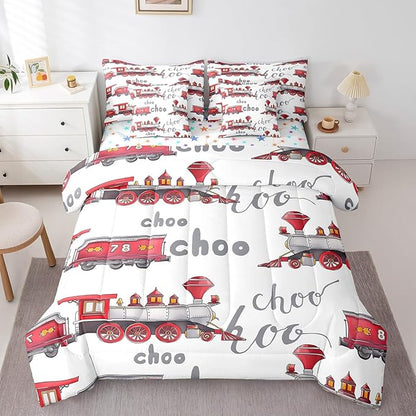 Feelyou Cartoon Car Bedding Set Kids Train Comforter Set with Sheets 7 Piece Full Size Boys Girls Choo-Choo Rail Roads Tracks Decor Bed in a Bag Microfiber Train Construction Bed Set Bedroom