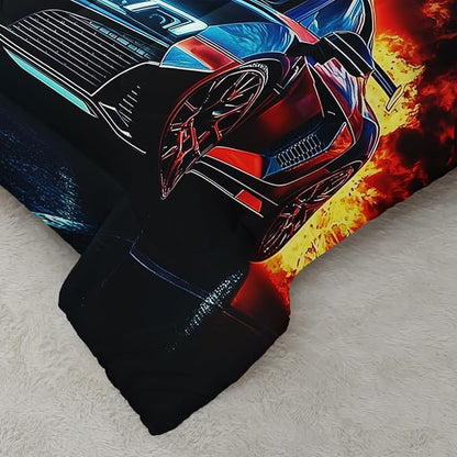 Colorful Racing Car Black Cheetah Comforter 3Pcs Queen Cool Speed Sport Car Thunder Fire Bedding Set for Kid Teen Girl Boy Adult Extreme Games Quilt Bed Decor with 1 Comforter and 2 Pillowcases