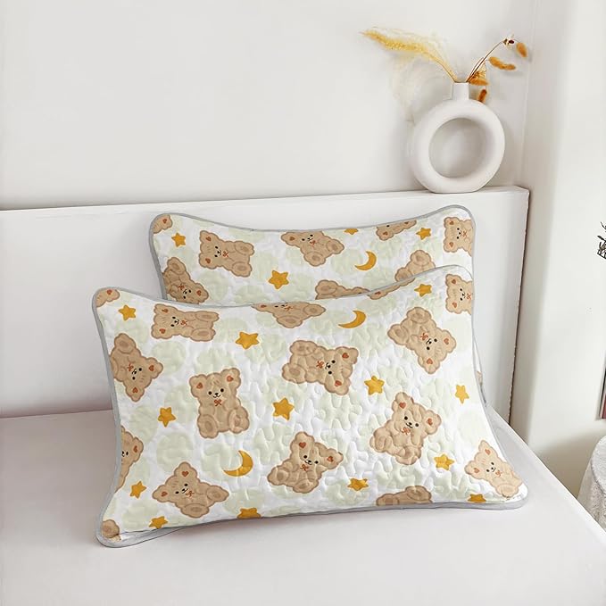 AILONEN Cute Bear Twin Size Quilted Bedspread Coverlet,Brown Teddy Bear Quilt Set 3Pcs,Soft Cartoon Animal Themed Bed Cover for Kids + 2 Pillowcases