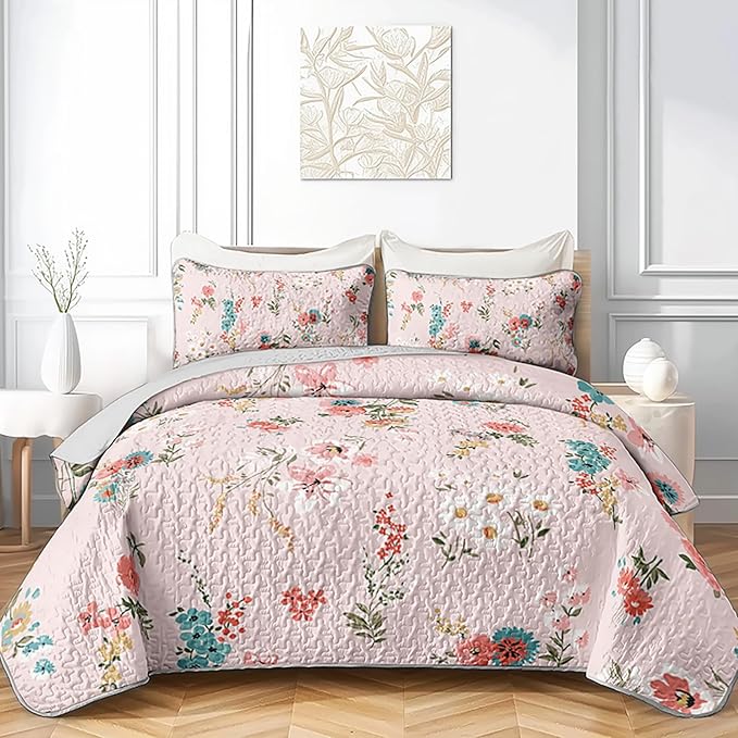 QOOMO Floral Quilt Set Twin Size,Flower Bedspread Coverlet Set,Flower 3Pcs Bedding Set Printed Quilt with 2 Pillowcases,Soft and Lightweight,for All Seasons