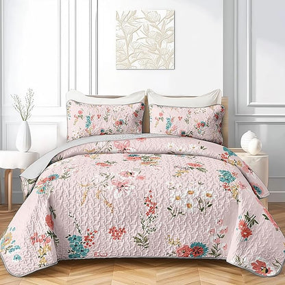 QOOMO Floral Quilt Set Twin Size,Flower Bedspread Coverlet Set,Flower 3Pcs Bedding Set Printed Quilt with 2 Pillowcases,Soft and Lightweight,for All Seasons