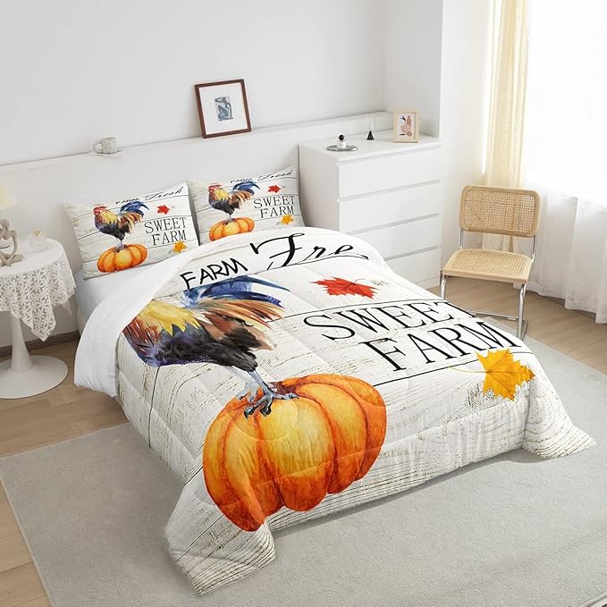 Rustic Farmhouse Bedding Set Full Size,Farm Chicken Comforter for Kids Teens Adults Home Room Decor,Fall Pumpkin Maple Leaf Quilted Duvet Animals Plants Insert,2 Pillowcases,Colorful
