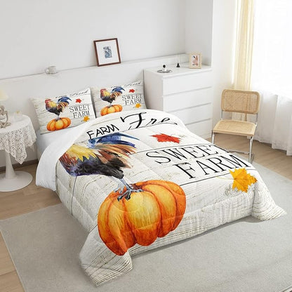 Rustic Farmhouse Bedding Set Full Size,Farm Chicken Comforter for Kids Teens Adults Home Room Decor,Fall Pumpkin Maple Leaf Quilted Duvet Animals Plants Insert,2 Pillowcases,Colorful