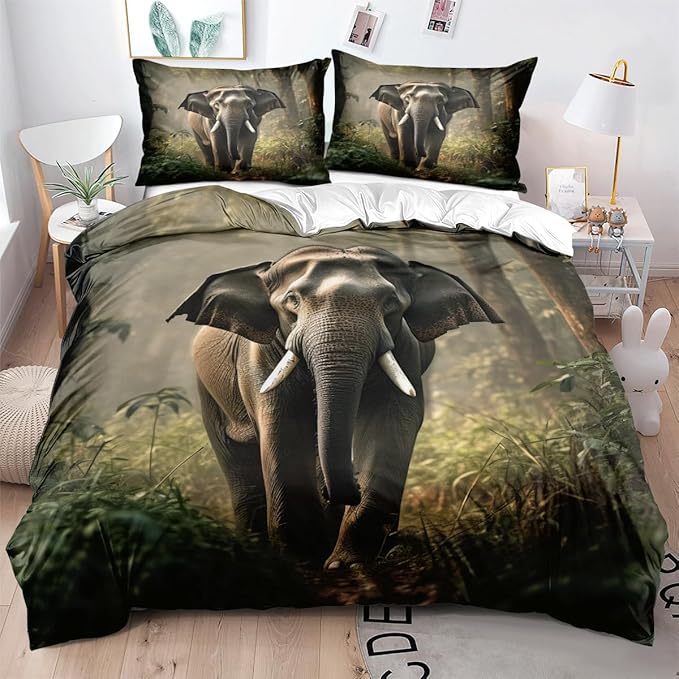 Elephant Duvet Cover Set Twin Wildlife Elephant Forest Plants Trees Natural Scenery Print Bedding Set Soft Microfiber Quilt Set with 2 Pillowcases for Kids Teens
