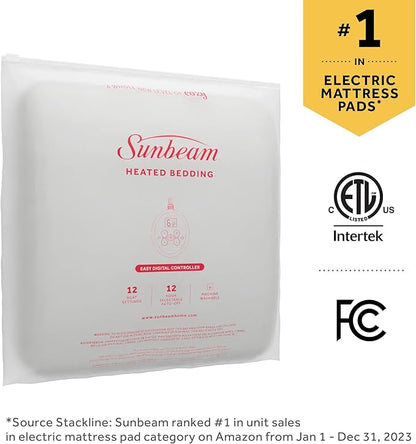 Sunbeam Electric Restful Quilted Heated Mattress Pad Twin 75" x 39" 12 Heat Settings 12-Hour Auto Shut-Off Extra-Cozy Fabric Deep Pocket Fit Machine Washable