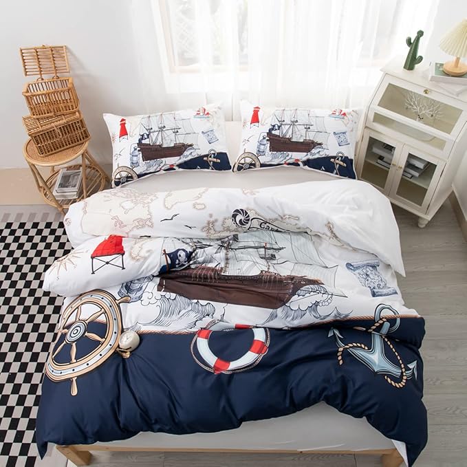 CVHOUSE Nautical Bedding Set Twin Size,Nautical Sailboat Bed for Boys Teens,Ocean Themed Sailing Anchor Comforter Cover Soft,Anchor Duvet Quilt Twin 71'x87'